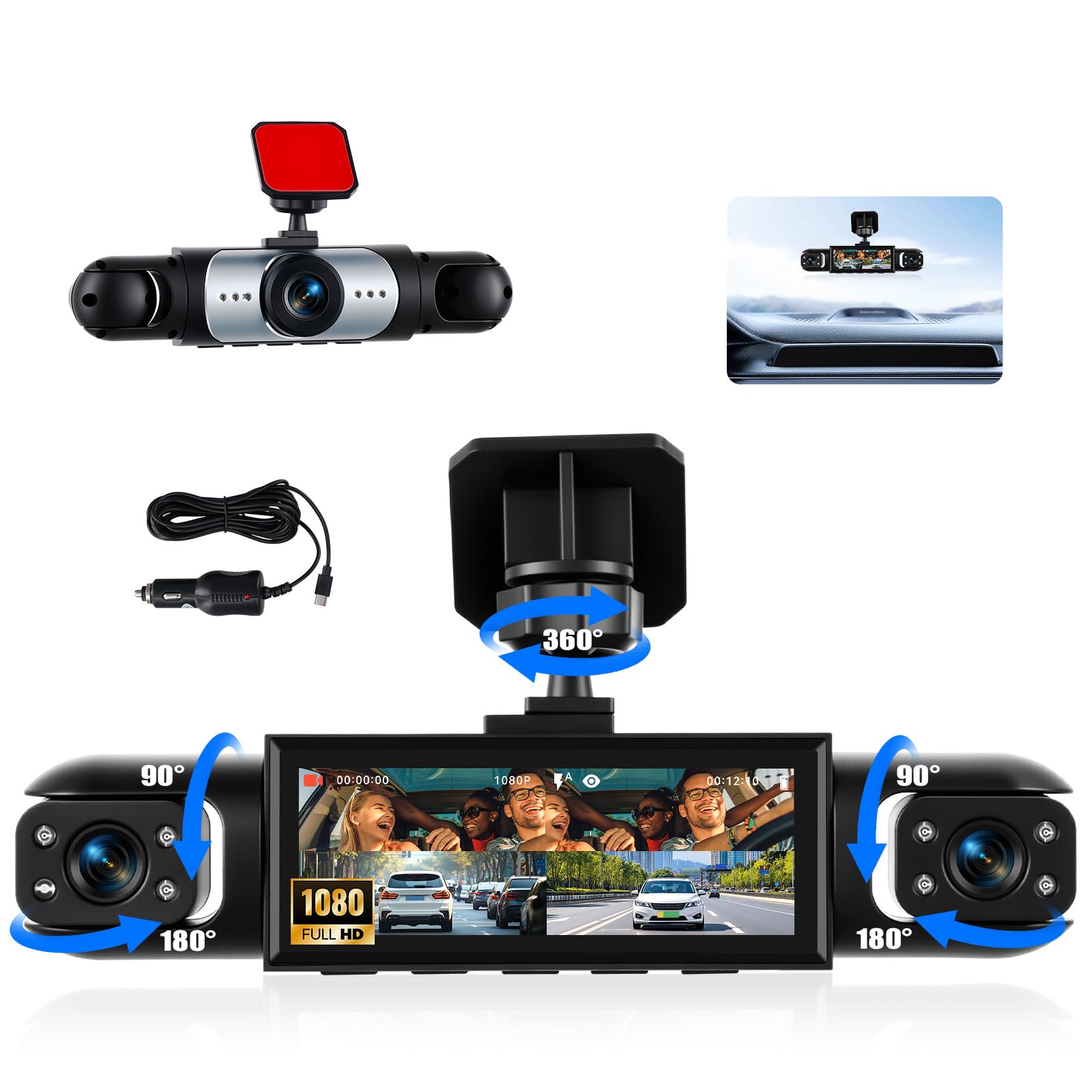 Telecamera per auto dash cam da 3,16 pollici 1080P, visione a 360° con 3 telecamere - monitoraggio del parcheggio con rilevamento del movimento e visione notturna