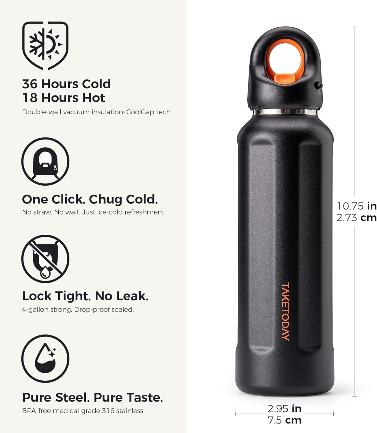 TakeToday 20oz Insulated Water Bottle, Stainless Steel Double-Wall Vacuum Thermos, One-Touch Easy-Open Lid, Double-Lock Leakproof, Fits Cup Holder (2.91"), Keeps Cold 36H, BPA-Free Lid, Black