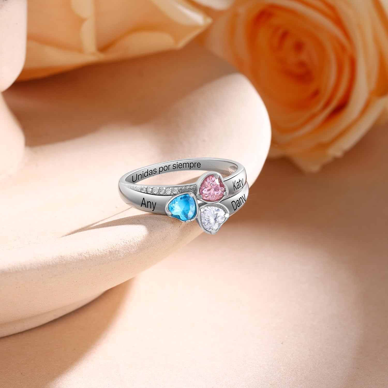 925 Sterling Silver Personalized Mothers Ring with 2 Birthstones Custom Engraved Name Engagement Wedding Promise Rings for Women Mothers Day Birthday Gifts for Mom Grandma Wife