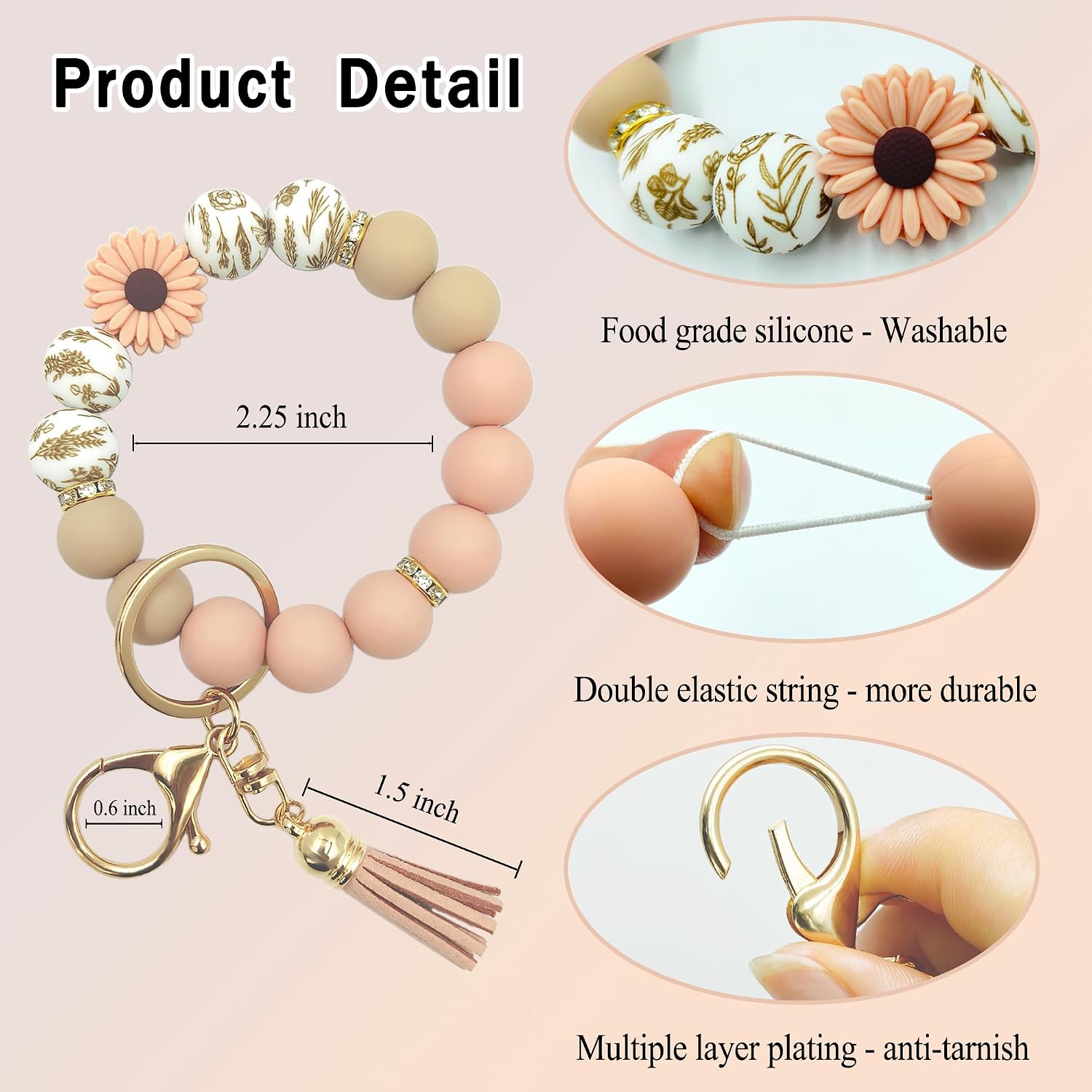 SHINYHARBOR Silicone Beaded Wristlet Keychain Bracelet,Key Wrist Keychains for Women Mom Teachers Best Friend image 2