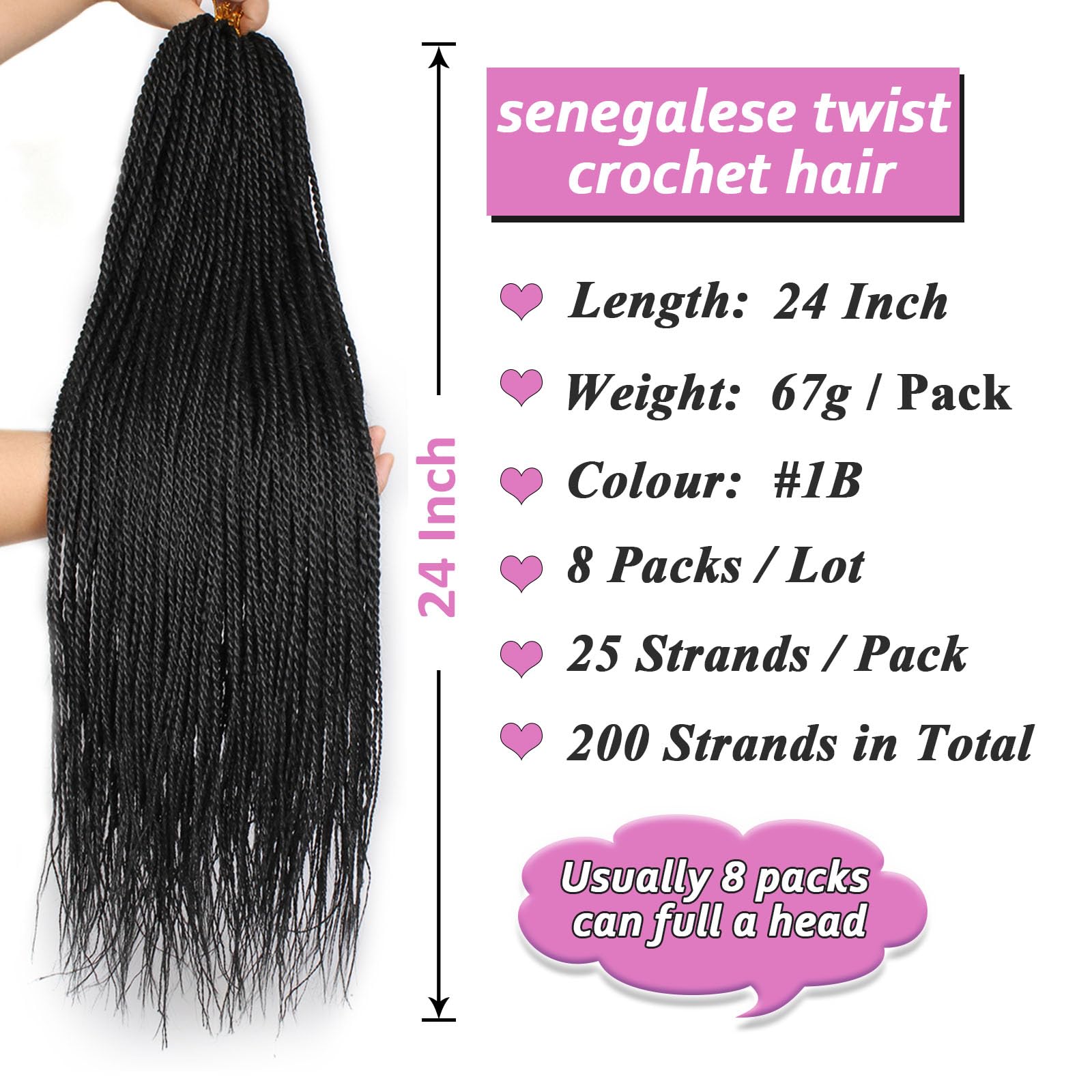 Samtress Mini Senegalese Twist Crochet Hair 24 Inch 8 Packs Small Twist Crochet Braids Hair Synthetic Hot Water Setting 25 Strands/Pack Black Crochet Hair For Women (#Black) - Image 2