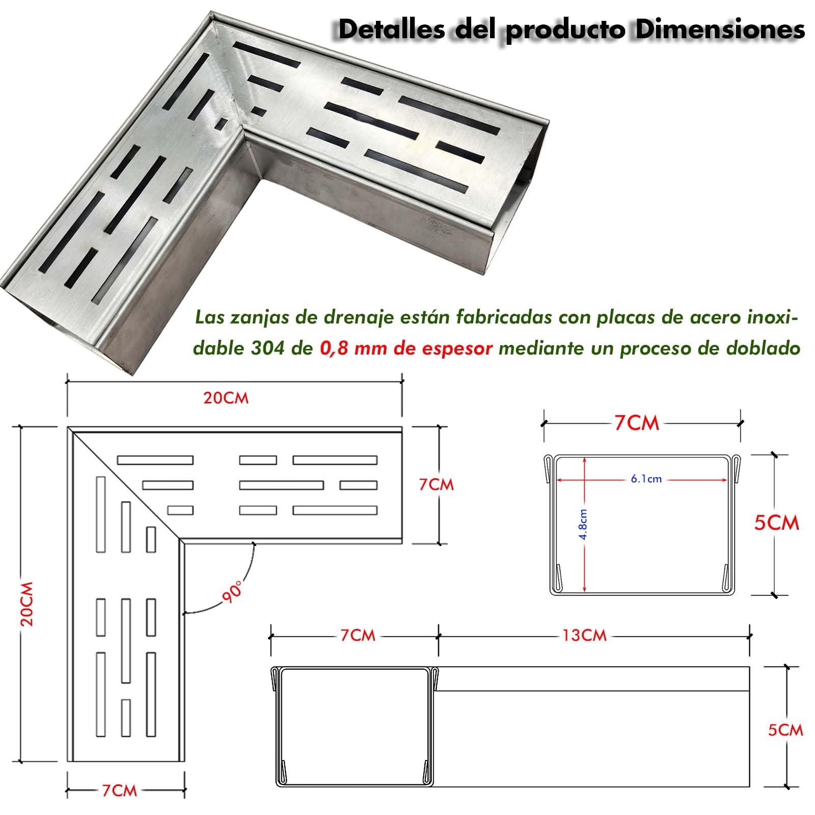 Accesorio de Esquina de 90° para Canal de Canaleta de Terraza de 7 cm de Ancho
