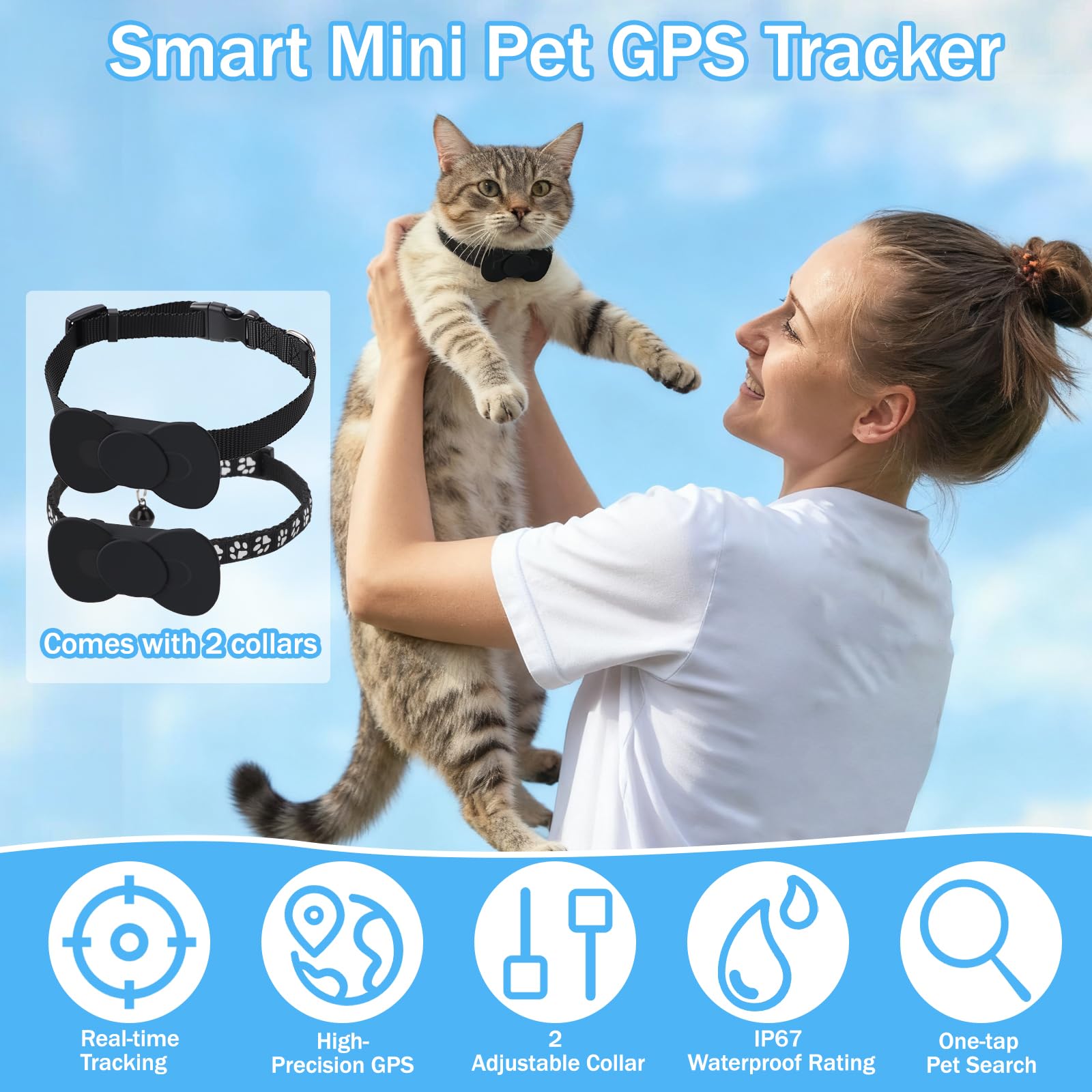 Domigard Collare GPS per Gatti e Cani con 2 Collari Regolabili, Localizzatore GPS con Apple Find My (Solo iOS), Impermeabile IP67, Senza Abbonamento Mensile, GPS Tracker per Gatti e Cani