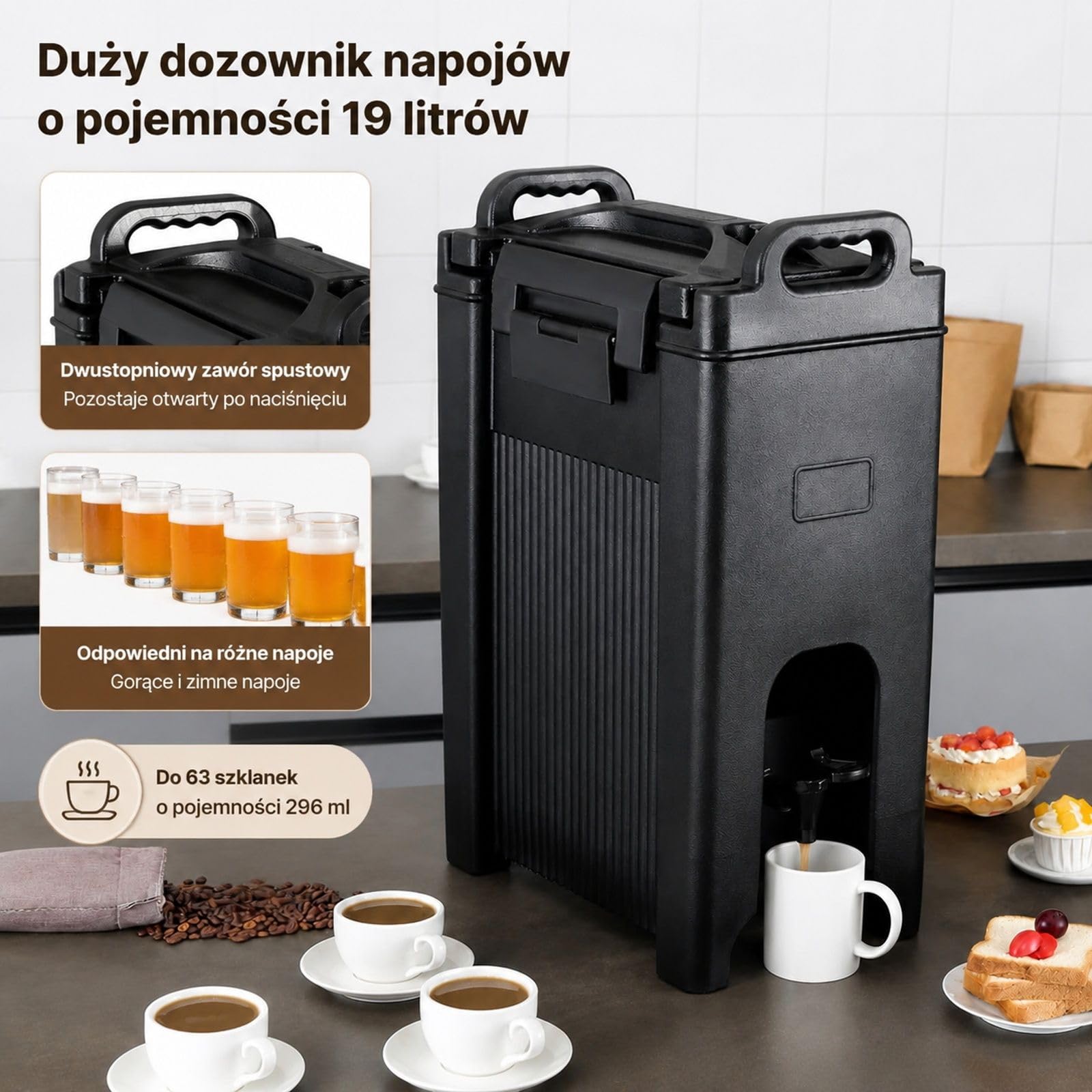 Dozownik napojów 18,9 l z LDPE z kranikiem i uchwytami do kawy, mleka, wody oraz soku