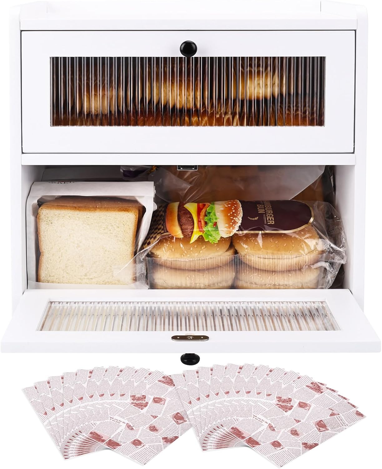 Alpeir Bread Box for Kitchen Countertop, Double Layer Large Breadbox, White