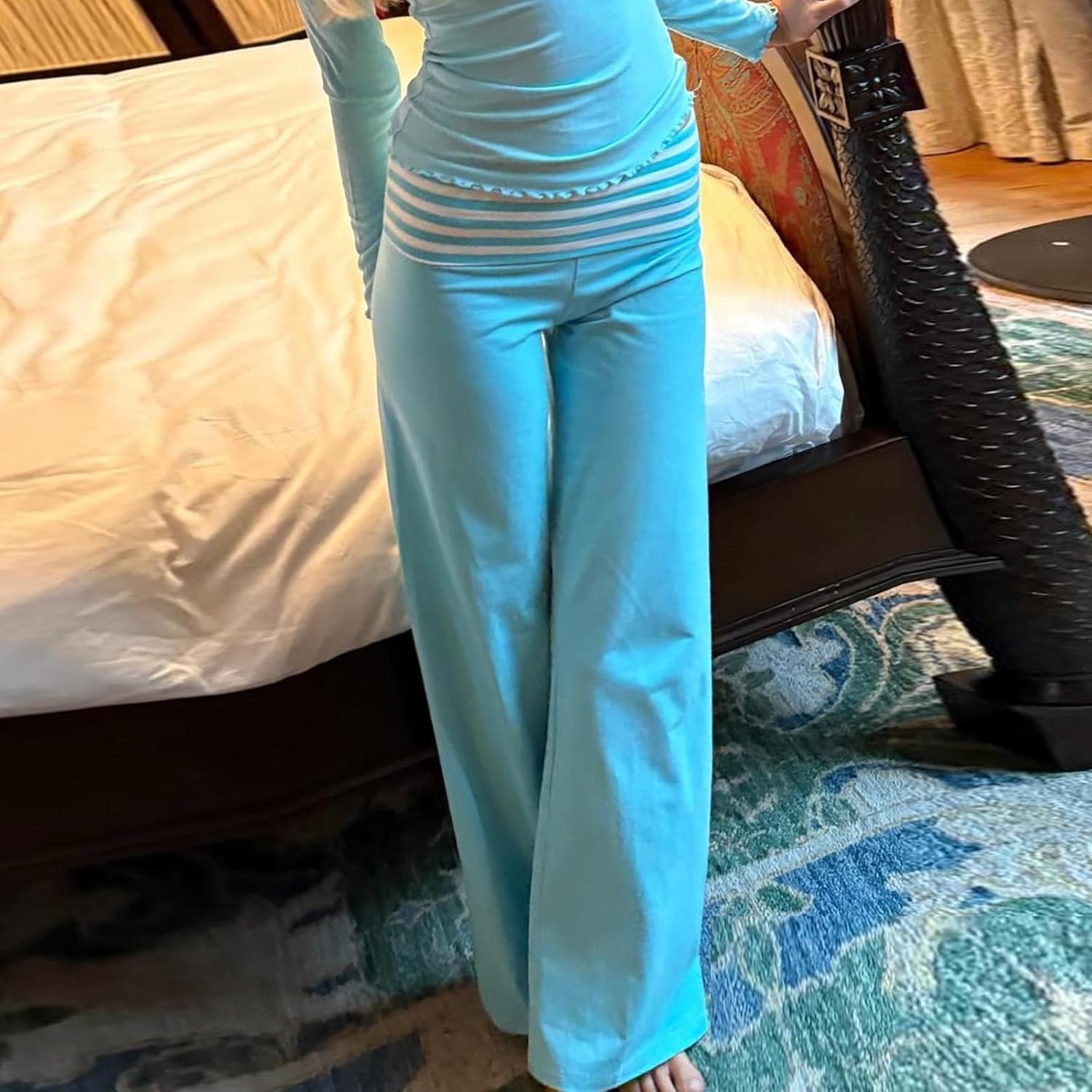 Women's Striped Wide Leg Pants Y2k Fold Over Low Rise Yoga Pant Stretchy Loose Workout Sweatpants Streetwear - Image 2