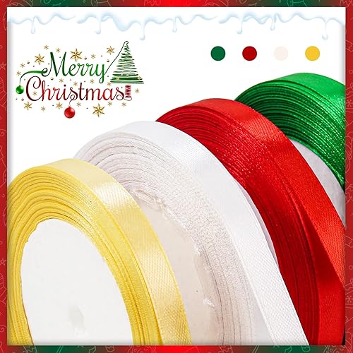 Miniatura 3 de 4 rollos de cintas de Navidad de 100 yardas, cinta de satén de poliéster de 38 pulgadas de ancho para envoltura de regalos, Navidad, decoración de