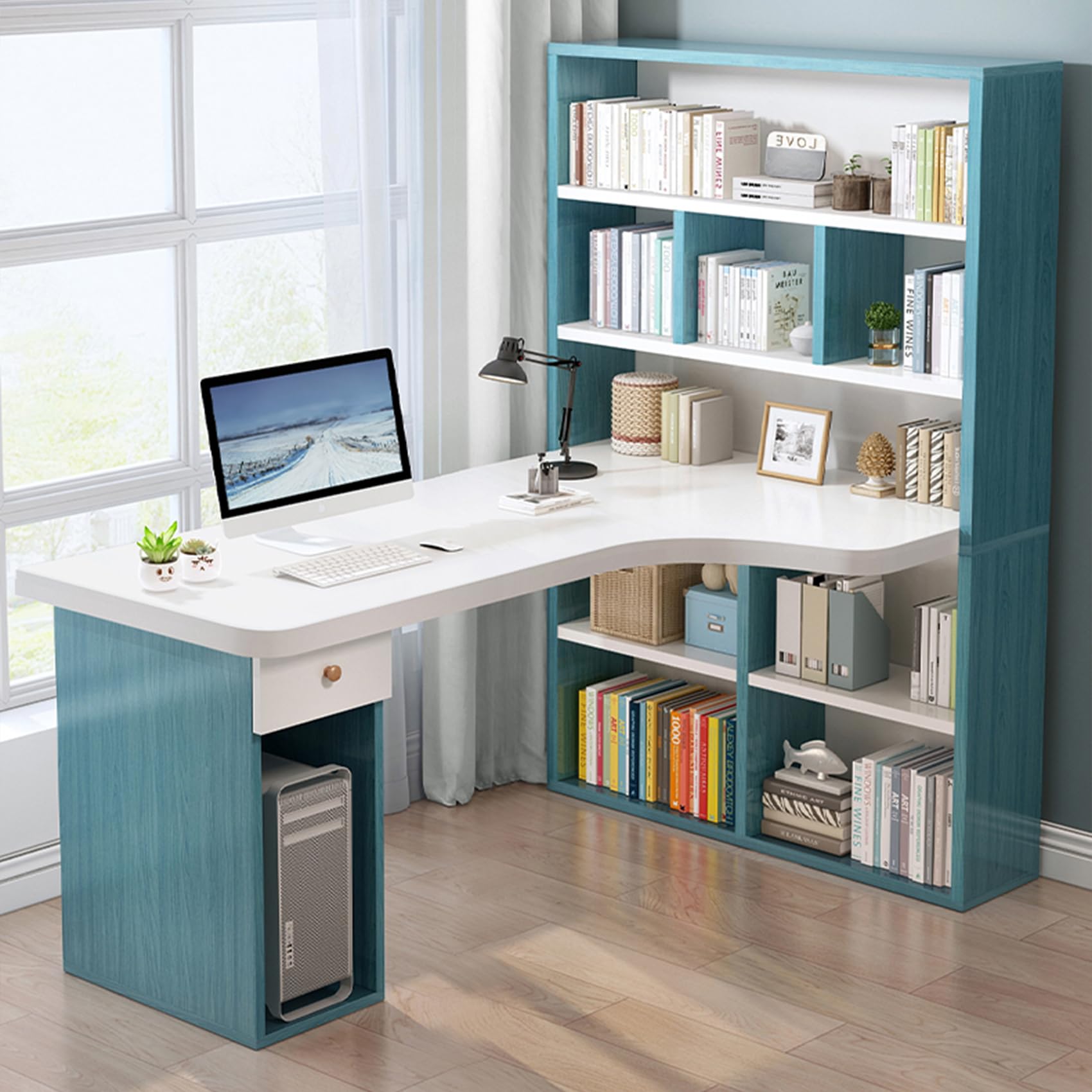 Amazon | SXZenSpace 63インチ L字型デスク（上棚、モダンな引き出し