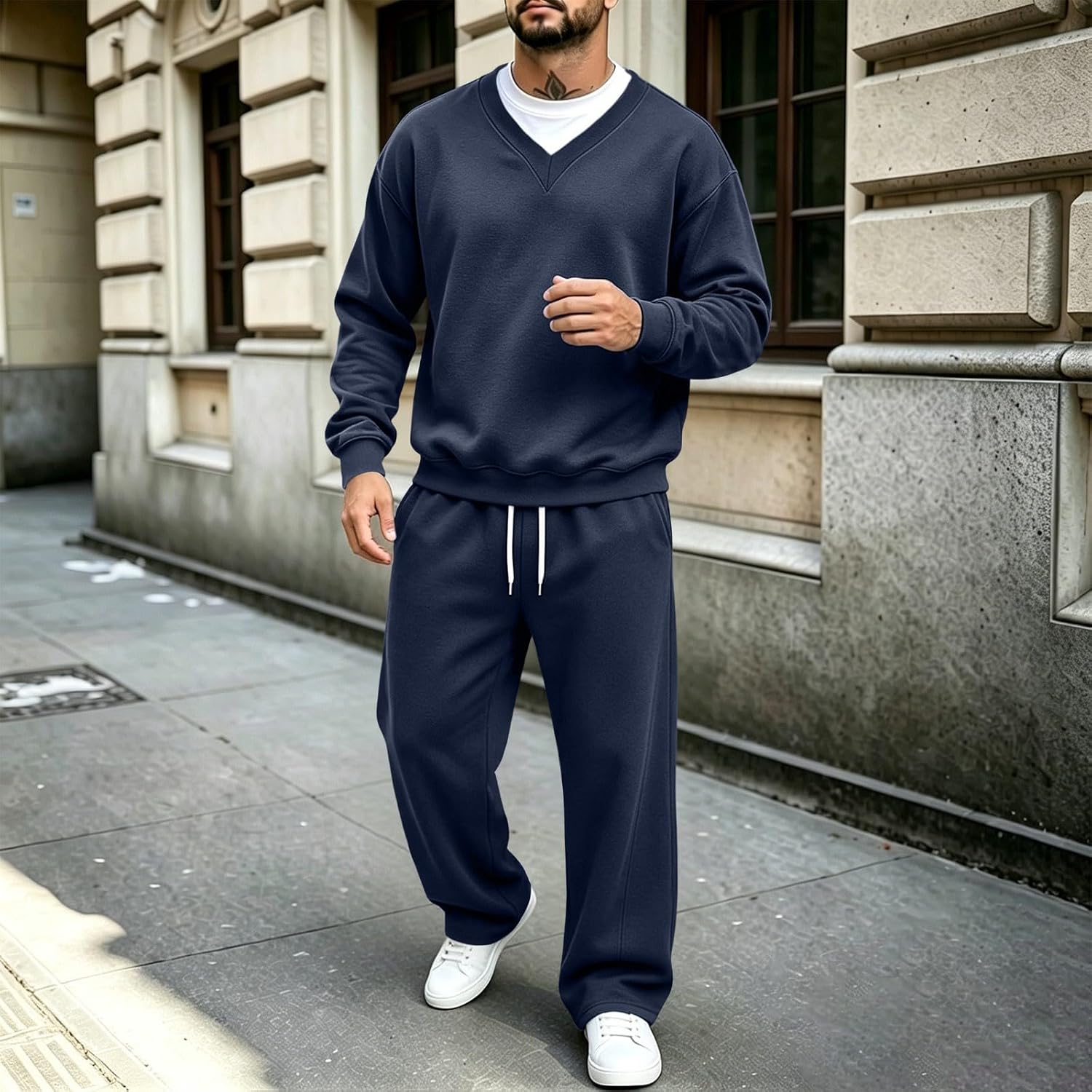 Men's V-Neck Sweatshirt Set Pullover Jogger Casual Suit