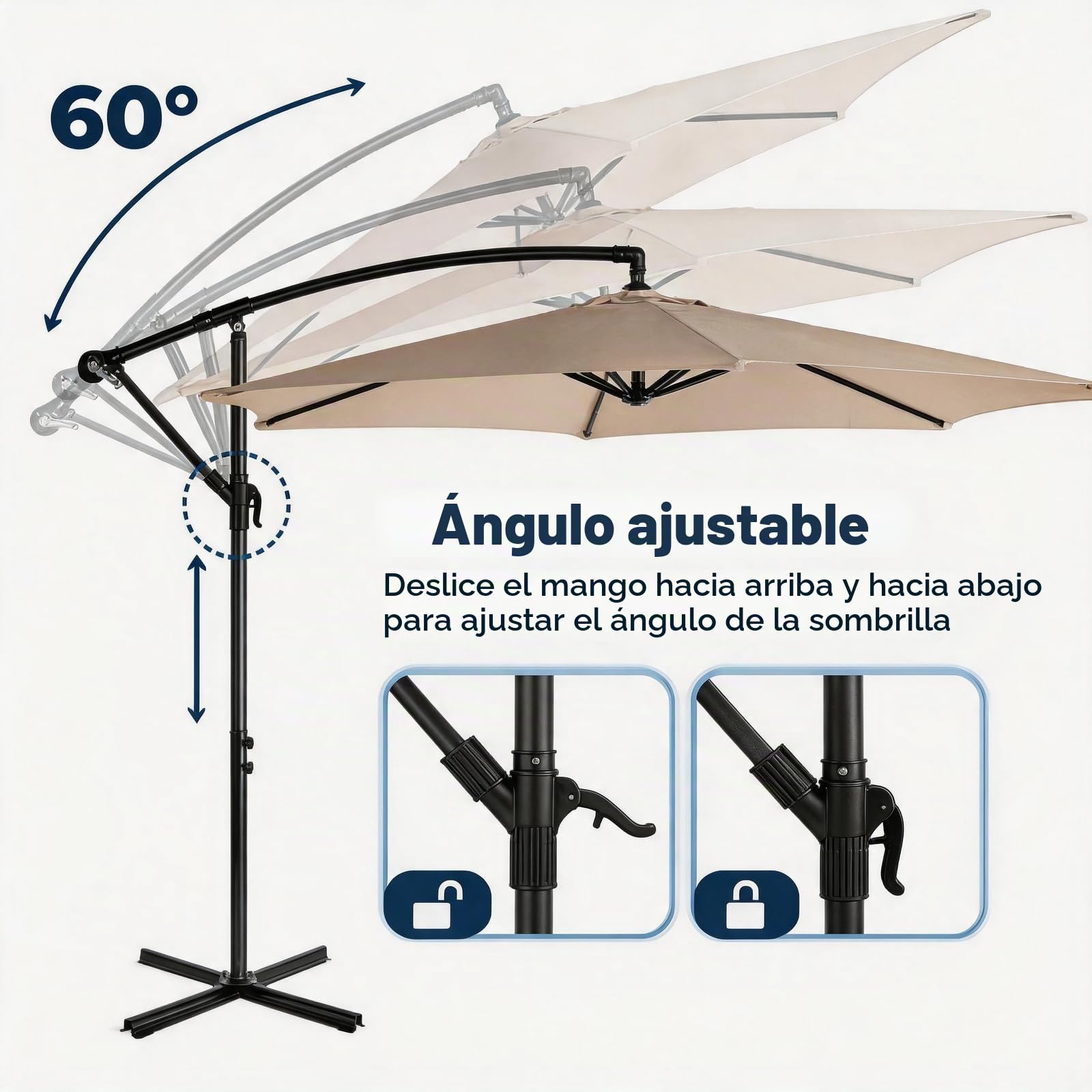 LEADZM Sombrilla de 300 cm de diámetro, sombrilla con manivela y giratoria 360° con 6 costillas, resistente al agua y protección UV, sombrilla de jardín con soporte para jardín, terraza y exterior