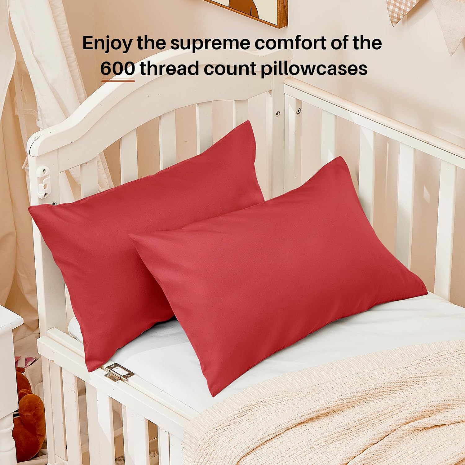 Warmstar 100% Cotton Toddler Pillowcase Set of 2, 600 Thread Count 13x18 Toddler Pillowcases Soft & Breathable, Cotton Travel Pillow Case Cover 13"x 18" with Envelope Closure,Red image 2