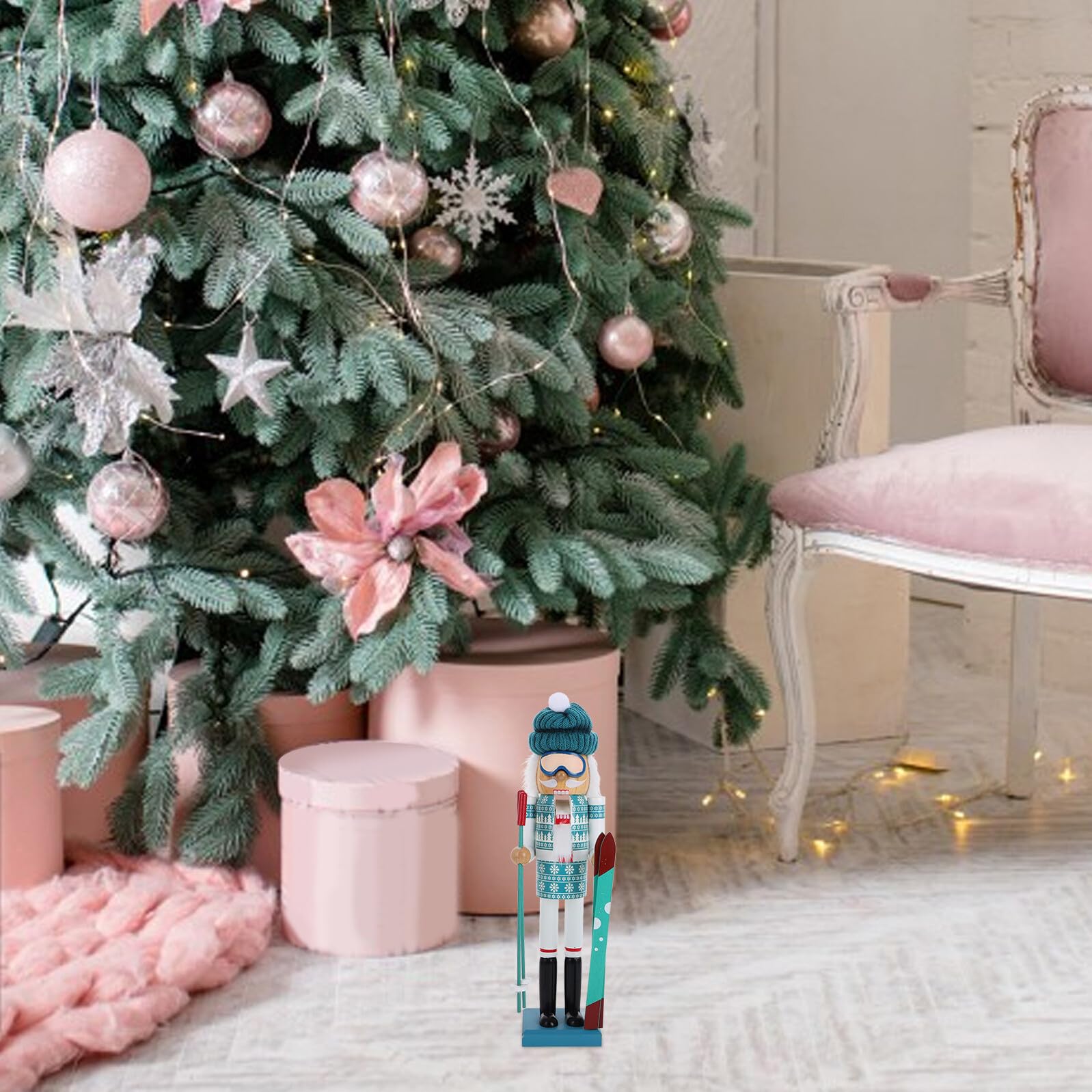 NUOBESTY Traditionelle Holzpuppe Weihnachtsmann Skifahrer 38cm und Stoff Stabile Weihnachtsdekoration für Wohnzimmer und Garten