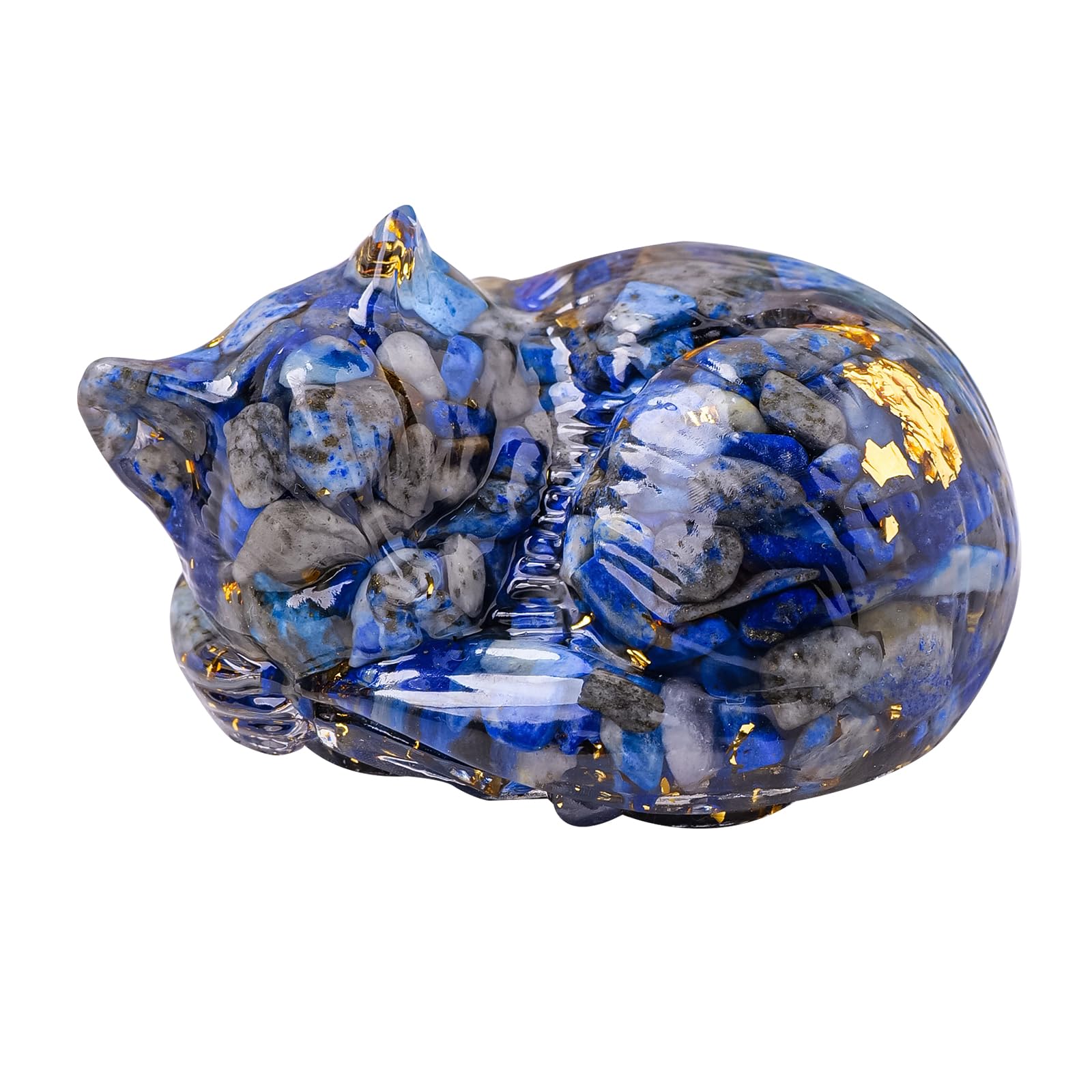RJINGSHI Natural Lapis Lazuli Crystal Cat Resin Sleeping Cat Statue Decor Office Desk Decor Cat Statue Healing Crystal Home Room Decor Cat Figurine Gifts for Cat Lovers 2.75"