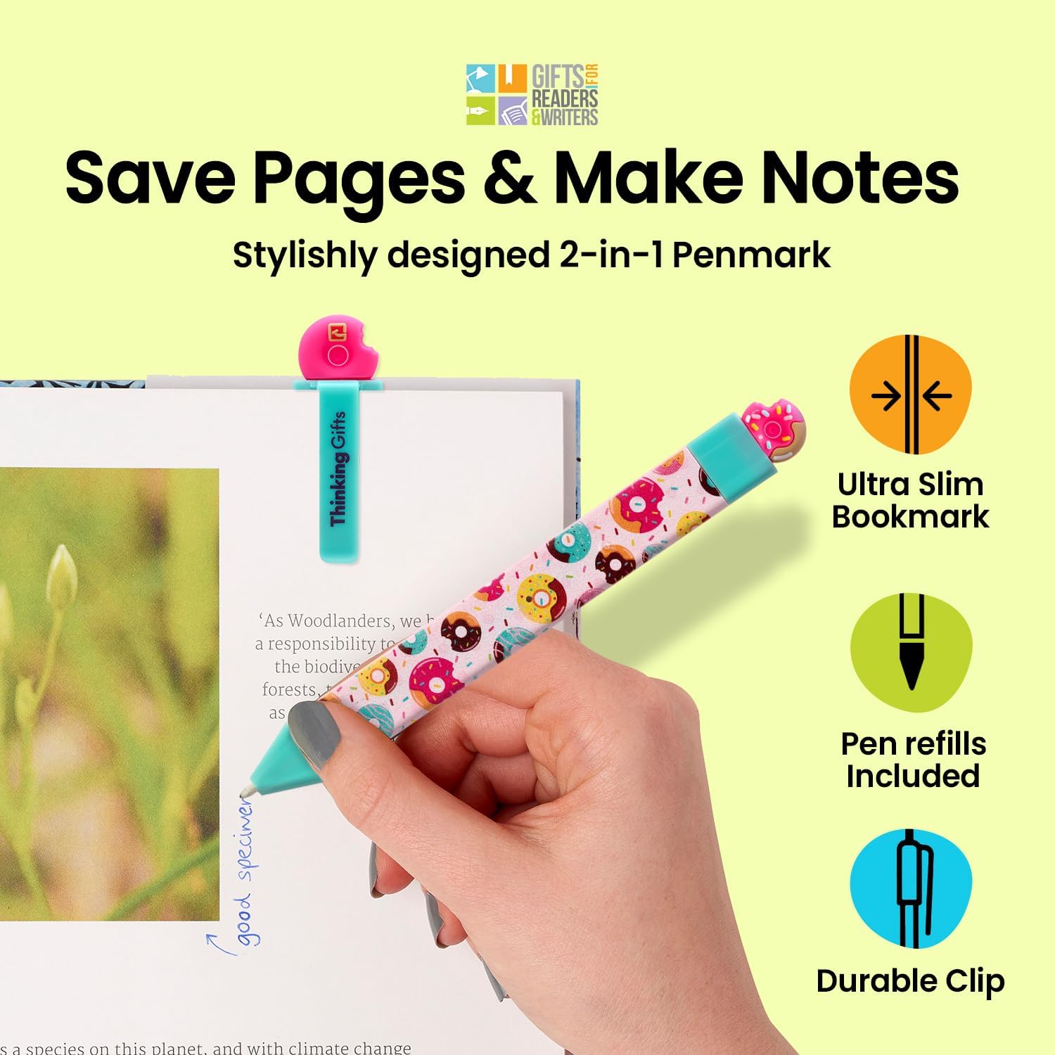 Thinking Gifts Flat Writable Pen & Page Marker Bookmark - Donut image 2