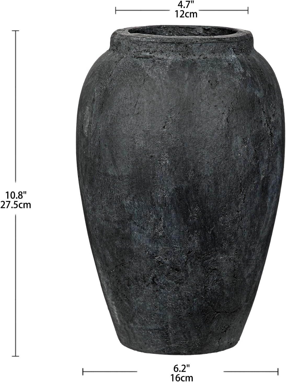 Handcrafted Flower Vase, 10.5" Tall Terracotta Vintage Black Ceramic Vases, Rustic Antique Vase Décor, Wide Mouth, Matte Finish for Home Office Resto Café Décor Lightslategray 10.5"