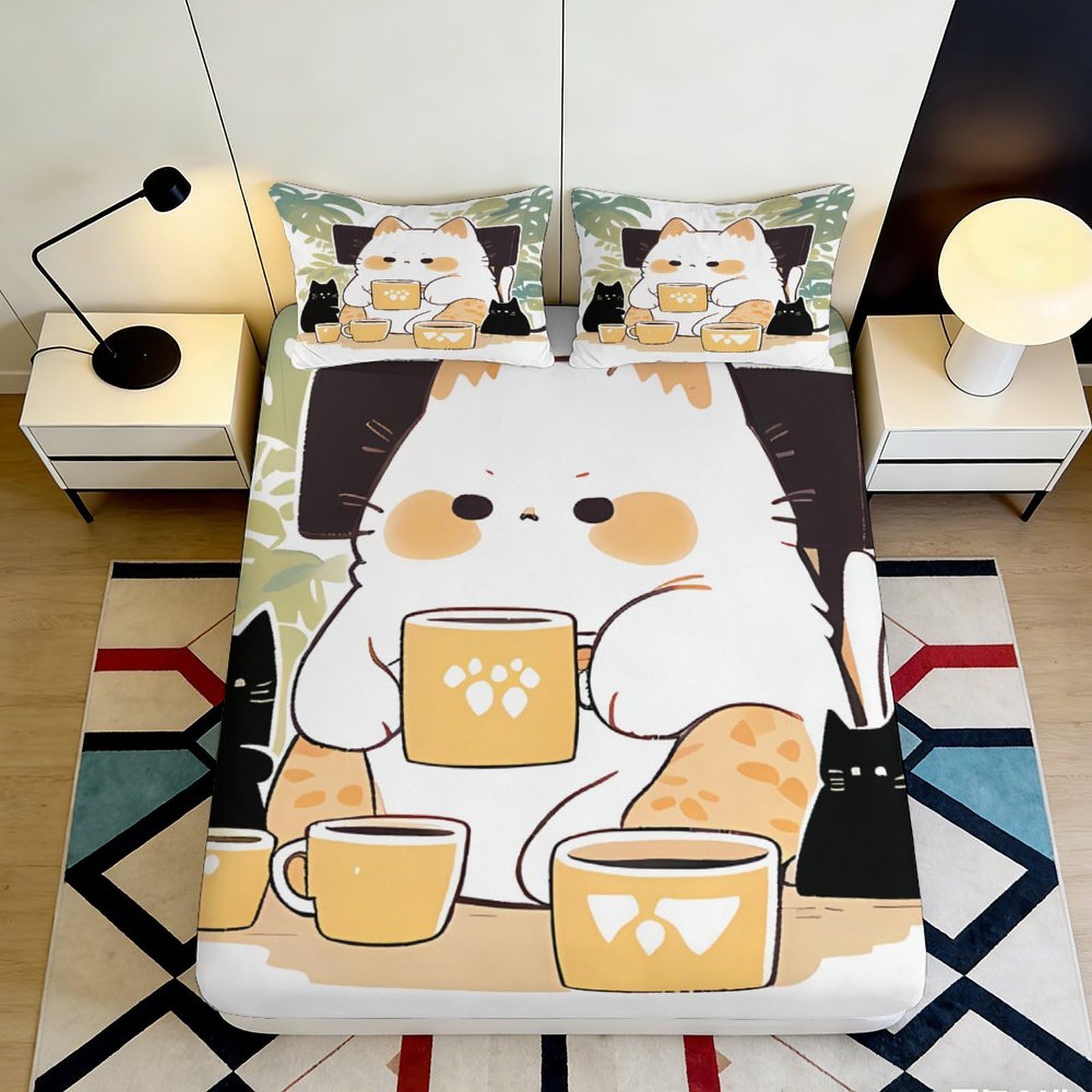 Kzqnxhjprl Style-2 3D Printed Cartoon Cat Fitted Sheet Microfiber Soft Decorative Coffee Mug Bed Cover For Bedroom Dorm Easy Care 90X200x25cm