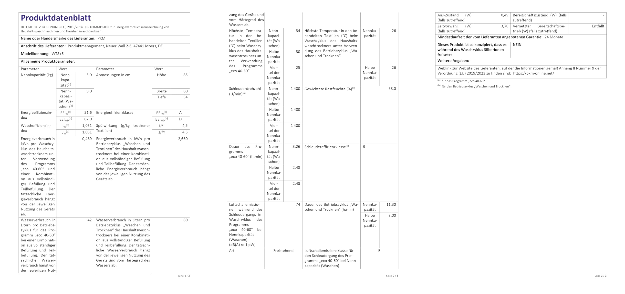PKM WT8+5 Waschtrockner 8kg Waschen 5kg Trocknen 15 Programme Steam LED-Beleuchtung