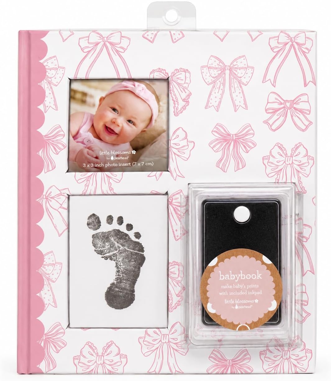 Pink Bow First 5 Years Memory Book | Includes Ink Pad For Newborn Handprint or Footprint, Baby Girl Keepsake, Milestone Pregnancy Journal