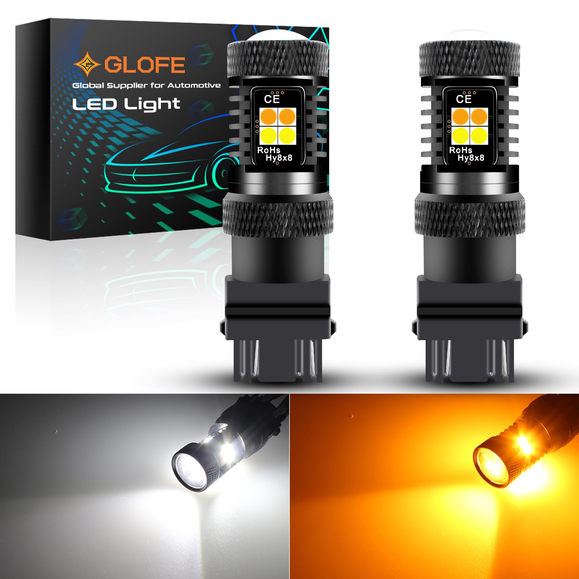 GLOFE Super Bright White Amber Dual Color Switchback 3157 3156 3155 3057 4157 4057 LED Bulbs with Projector for Car Front Turn Signal Parking Lights DRL Anti Hyper Flash, Pack of 2