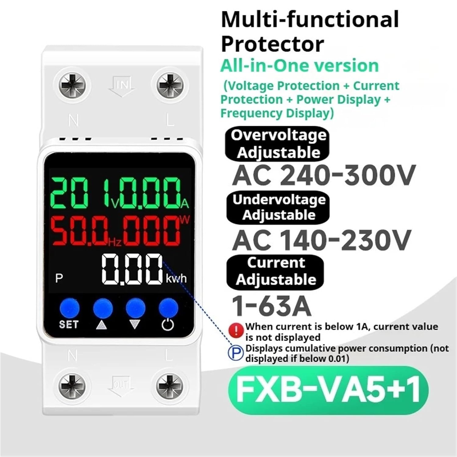 Adjustable Voltage Relay 220V AC with Digital Display - Over/Under Voltage & Current Protector (40A, 63A, 80A)(All-in Version,AC220V 1-80A)