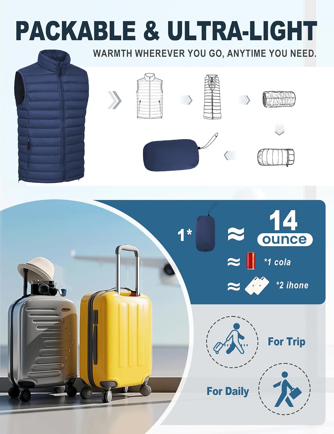 Puffer Vest Mens Puffy Bubble Jacket Lightweight Down Vest | Sleeveless Jacket, Packable, Sleeveless Jacket, quilted, Casual, Hiking, Winter, Outdoor, outerwear,