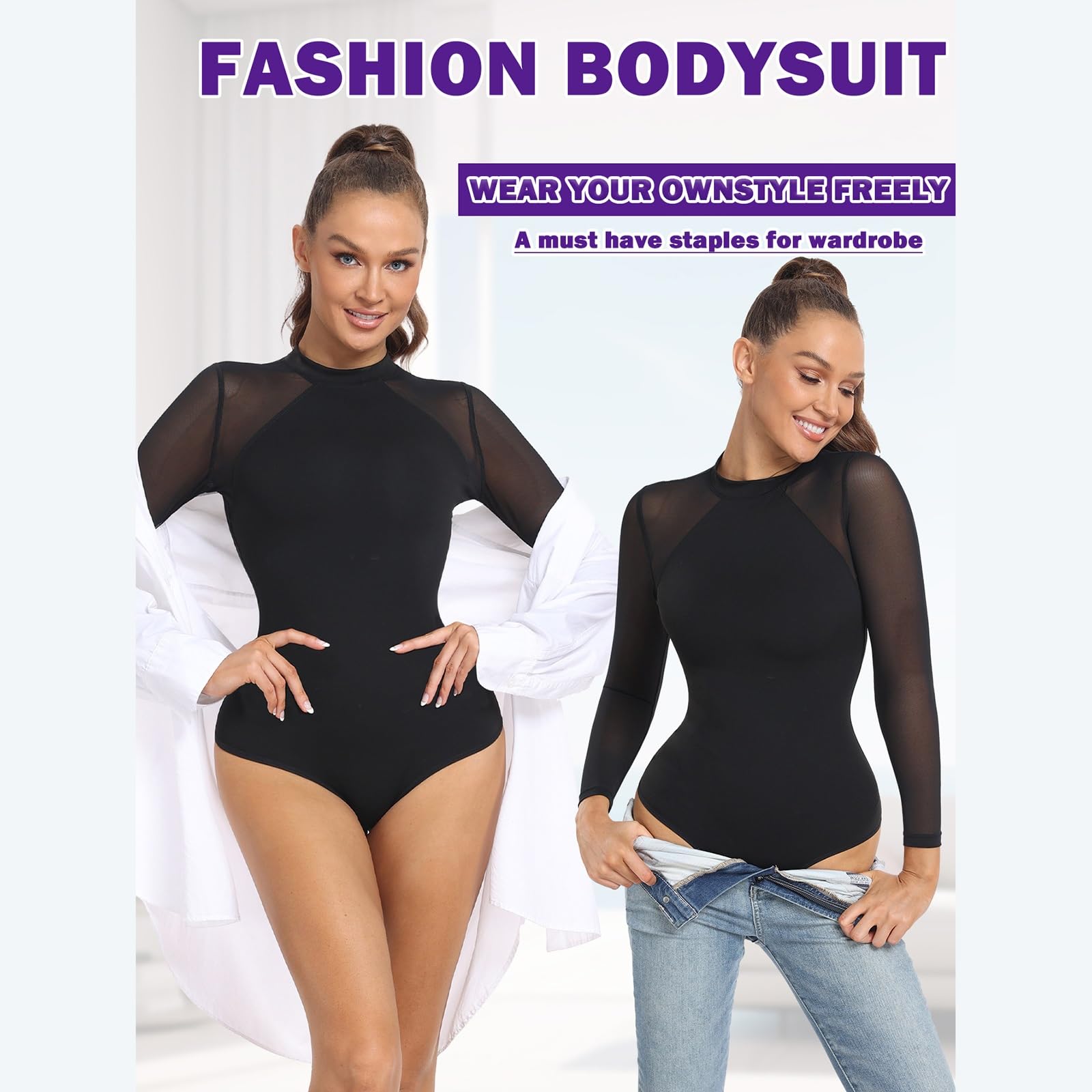 Body sexy transparente de manga larga con cuello redondo y bodycon de color sólido para mujer
