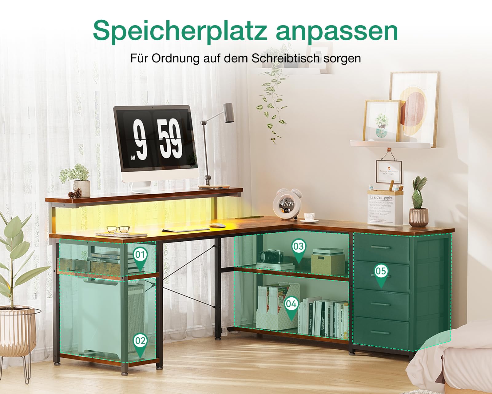 ODK Schreibtisch mit Schubladen, 155×110cm Reversible Eckschreibtisch mit 2 Steckdosen und 2 USB Ladeanschluss, Bürotisch L Form mit LED für Home Office, Vintage-braun