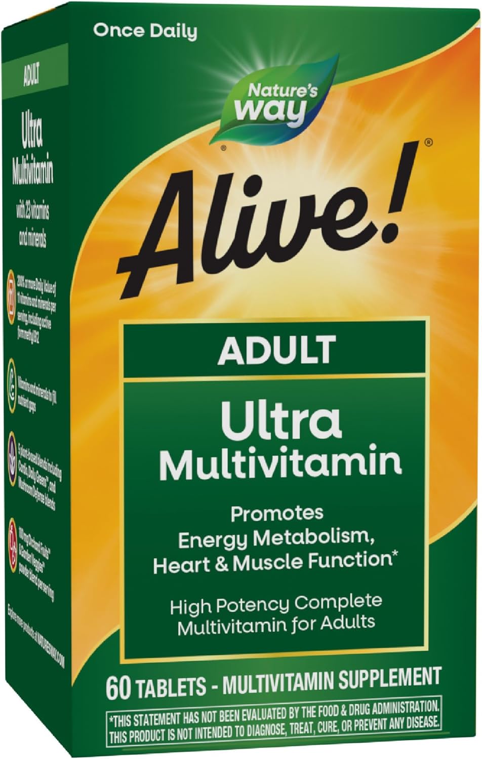 Nature’s Way Alive! Adult Ultra Multivitamins, Promotes Energy Metabolism, Heart & Muscle Function*, with B-Vitamins Including Methylated B12, Gluten Free, 60 Tablets Nature’s Way Alive! Adult Ultra Multivitamins, Promotes Energy Metabolism, Heart & Muscle Function*, with B-Vitamins Including Methylated B12, Gluten Free, 60 Tablets
