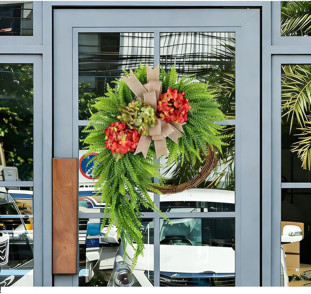 Spring Wreath for Front Door, Farmhouse Summer Wreath with Greenery Cream Flowers and Linen Bow, Asymmetrical Floral Wreath for Porch Entryway Wall Decor (#4PCS)