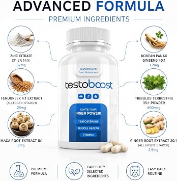 TestoBoost Active Man Formula | Men's Daily Food Supplement | 60 Capsules | Premium Botanical Extracts, Vitamins & Minerals | Made in the UK