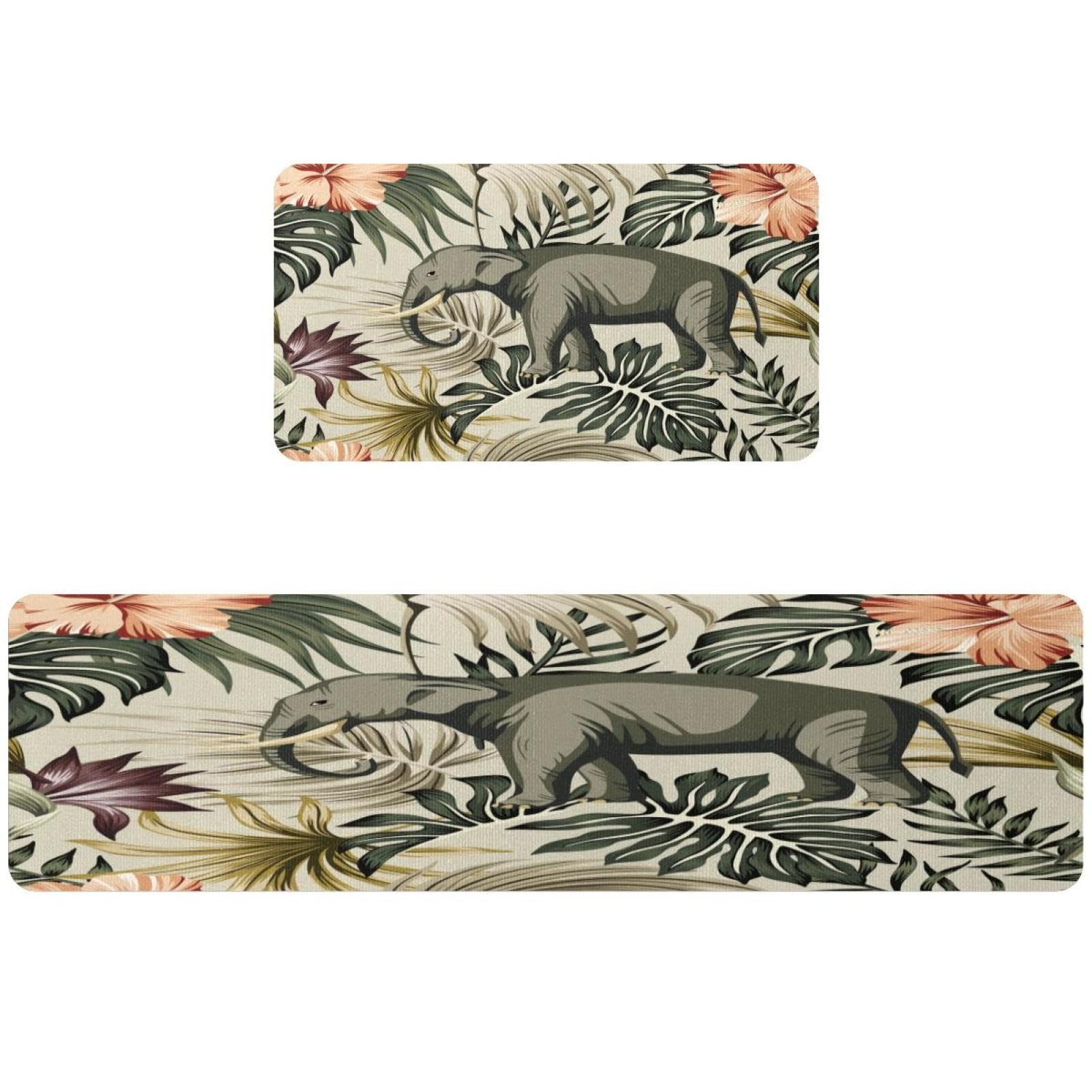 Alfombrillas de cocina VAPOKF con elefantes y hojas de palmera pack de 2 alfombras lavables