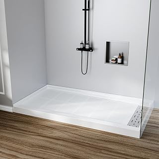 60" x 32" Shower Base Non-Slip SMC Shower Pan with Right Drain, White Bathroom Shower Tray Kit, 304 Stainless Steel Square Drain Cover, Single Threshold Floor for Easy Installation