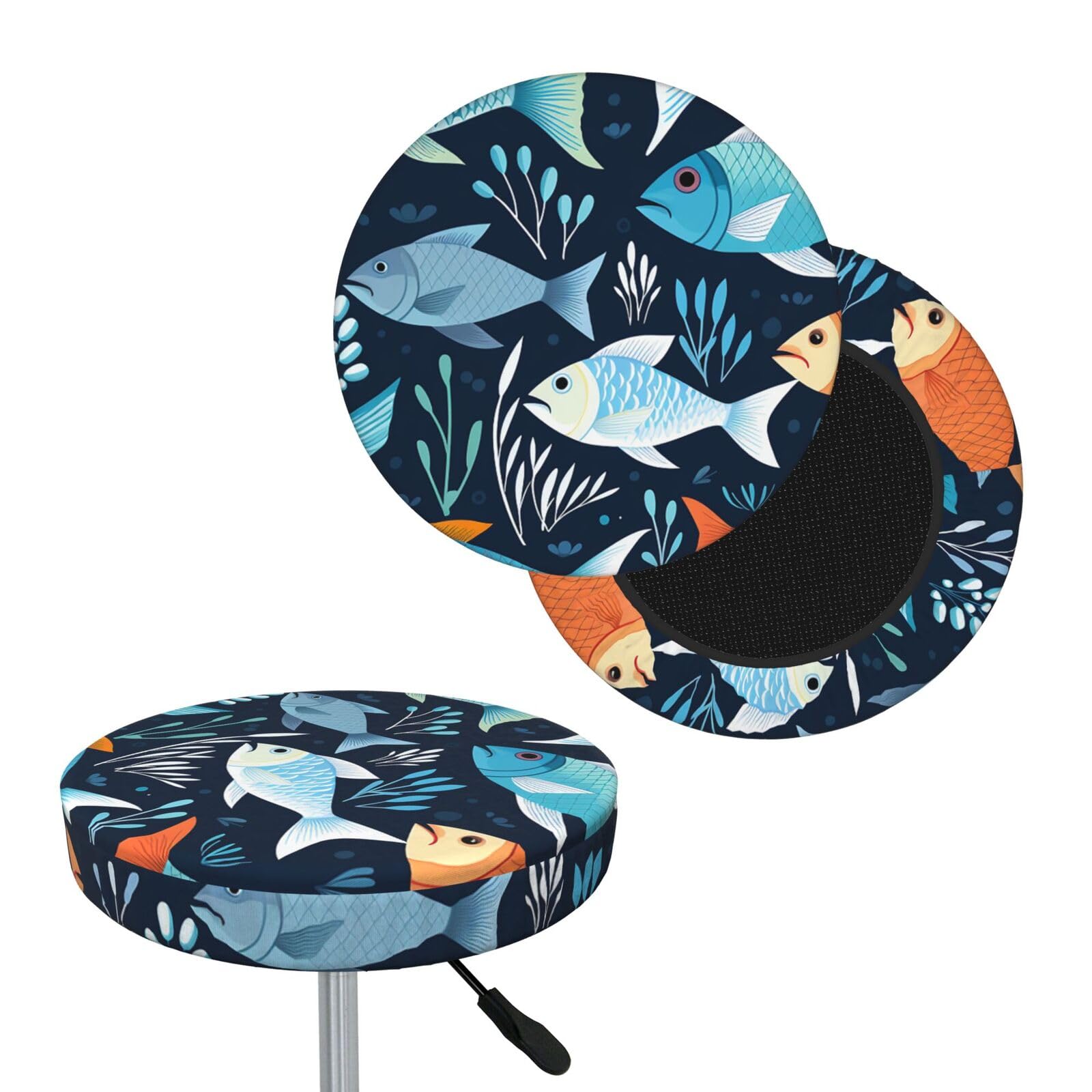 FekiLoot Fishes Pattern Round Bar Stool Covers Stretch Washable Bar Stool Covers Dustproof Slipcover Bar Chair Covers with Elastic Band for Bar Kitchen Living Room Decor 12 Inch