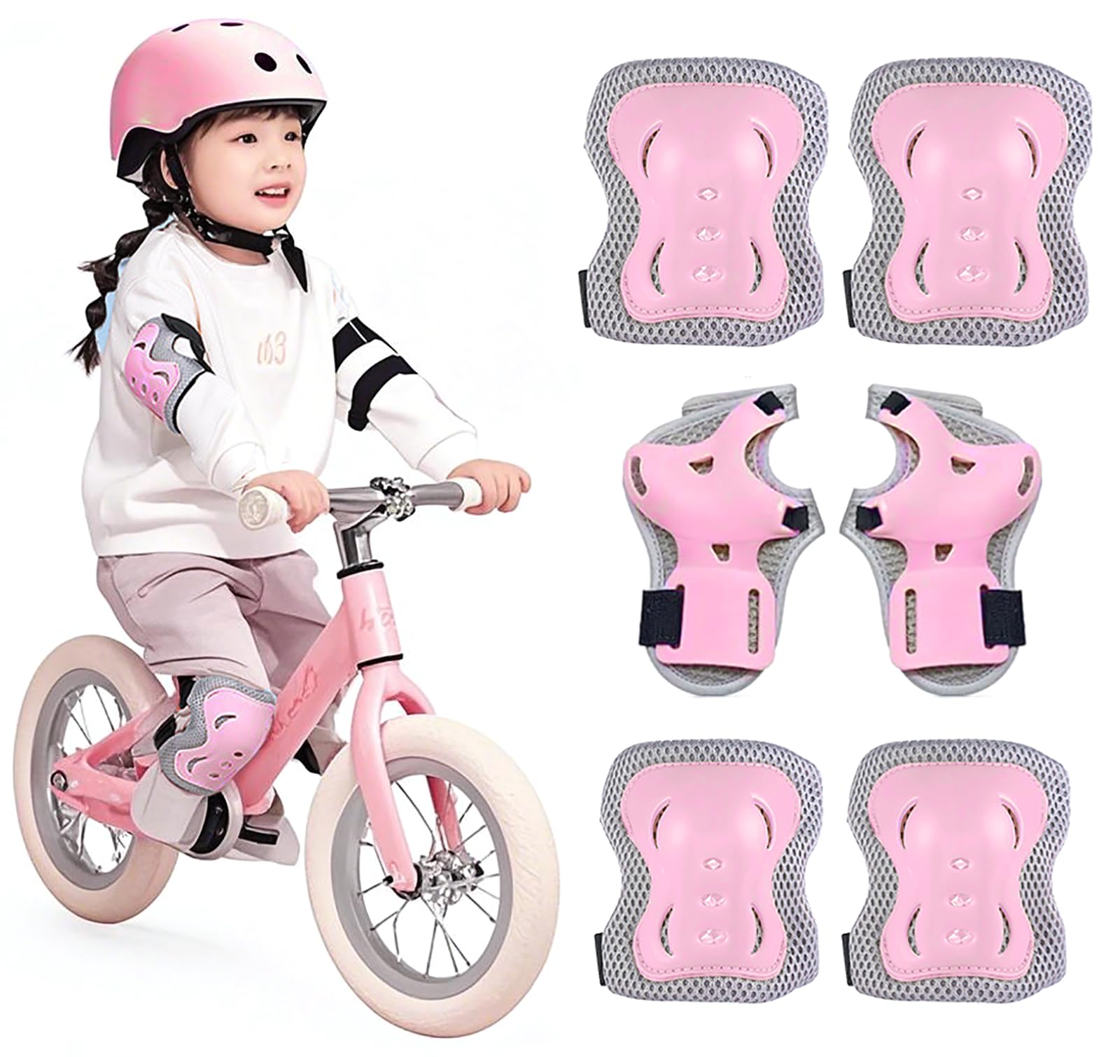 キッズプロテクター 6点セット 子供用 自転車 スケートボード ローラースケート用 肘 手首 膝ガード マジックテープ式 軽量 けが防止 男女兼用 おしゃれ かわいい 安全防具 (ピンク)