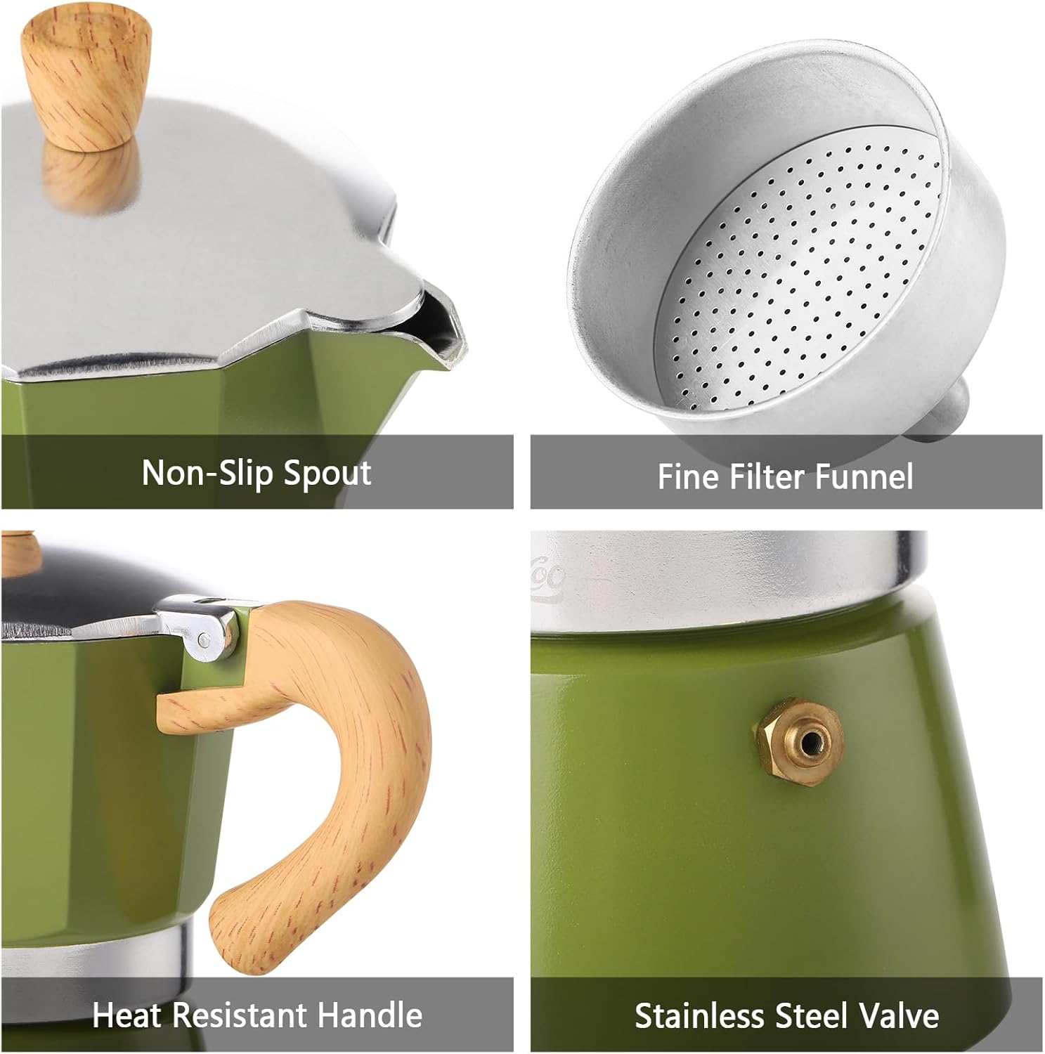 Close-up of moka pot features: non-slip spout, fine filter funnel, heat resistant handle, stainless steel valve