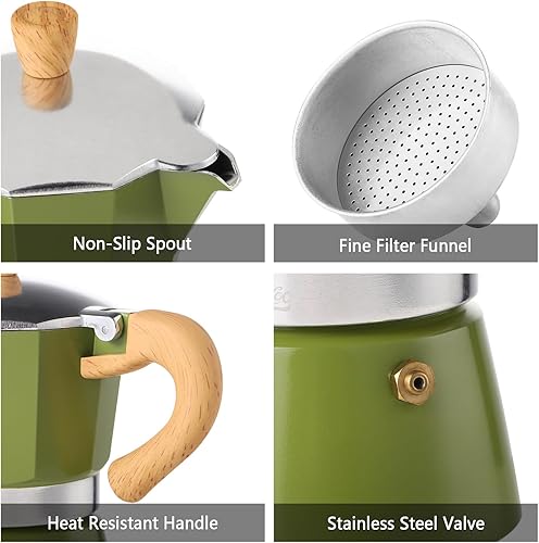 Miniatura 7 de Bincoo Estufa para máquina de café expreso, pequeña olla de camping moka de 1-2 tazas de expreso4.1 fl oz, cafetera italiana, fácil de usar (verde)