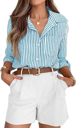 siliteelon Women’s Striped Button-Down Shirt – Long Sleeve Casual Office Shirt with Pocket (Indigo)