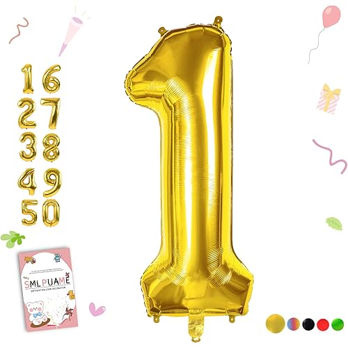 Smlpuame 40 inch Number Balloon 0-9 Gold Large Number 1 Balloons,Digital Balloons for Birthday Party Celebration Decorations Supplies, Helium Foil Number Balloons for Wedding Anniversary