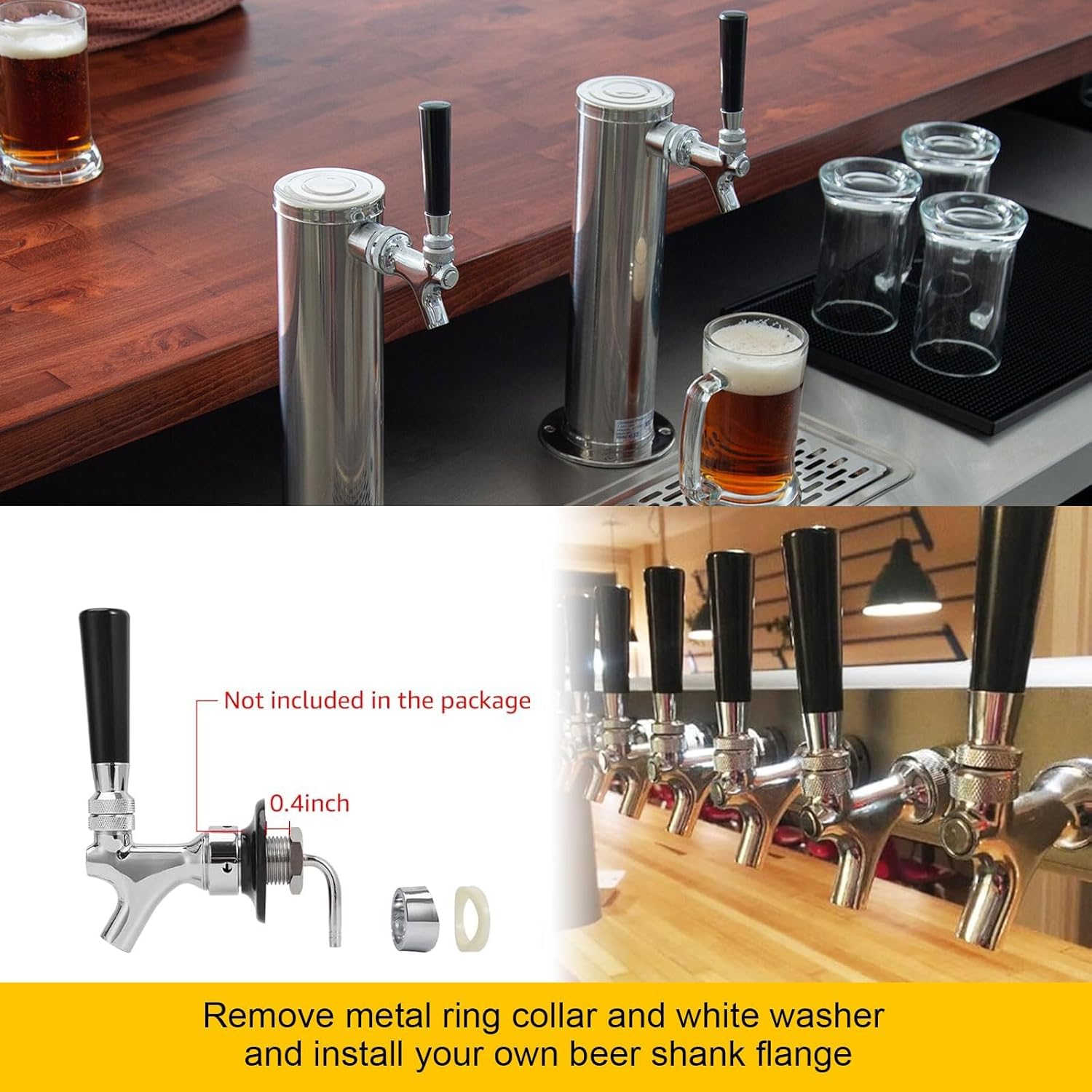 MRbrew Beer Line Shank Faucet Kit, Stainless Core Self-Closing Beer Tap with 3/16'' liquid hose & 1/4" Barb, Kegerator Tower Replacement Set for Draft Beer Dispenser - Include Tap Wrench & Hose Clamps
