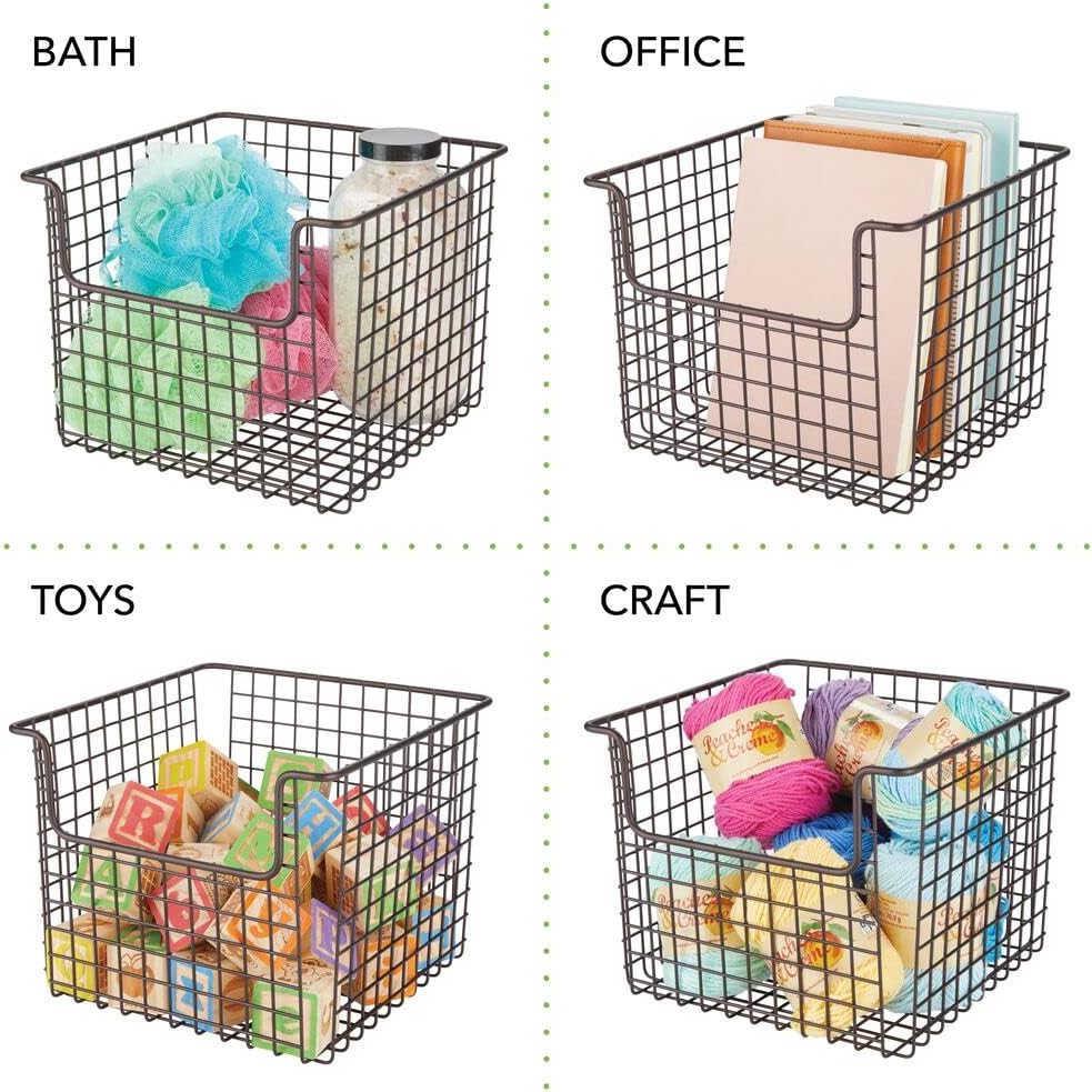 mDesign Metal Wire Food Storage Basket Organizer with Front Dip Opening for Organizing Kitchen Cabinets, Pantry Shelf, Bathroom, Laundry Room, Closets, Garage, Concerto Collection, 4 Pack - Bronze