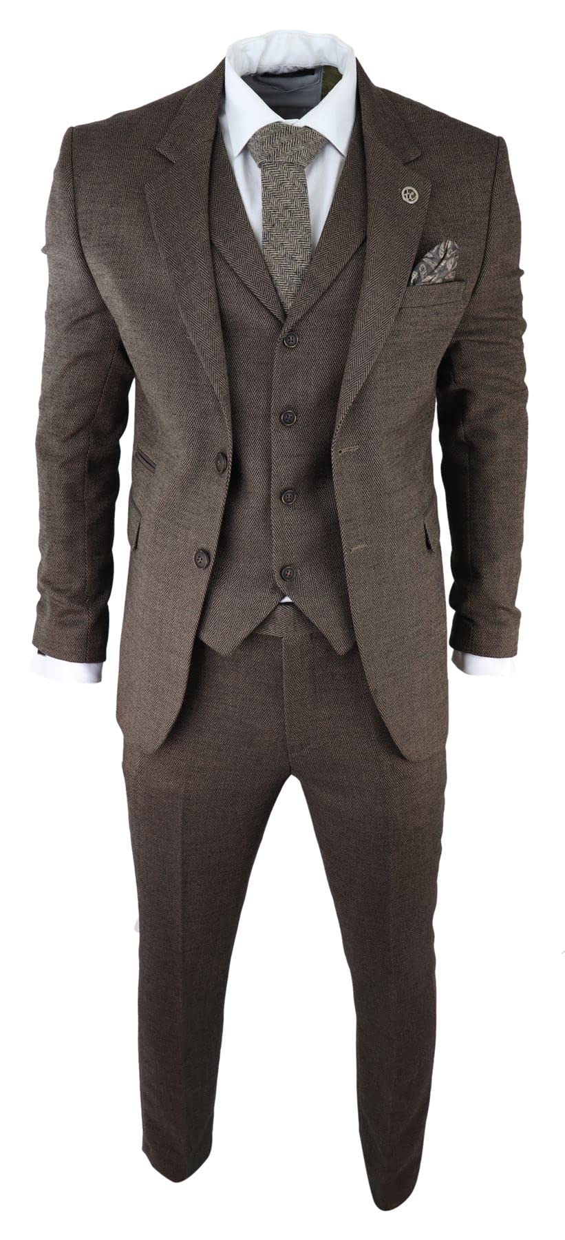 Truclothing Men's Brown Herringbone Tweed 3 Piece Suit Classic Vintage Tailored Wedding Blinders - Size 36