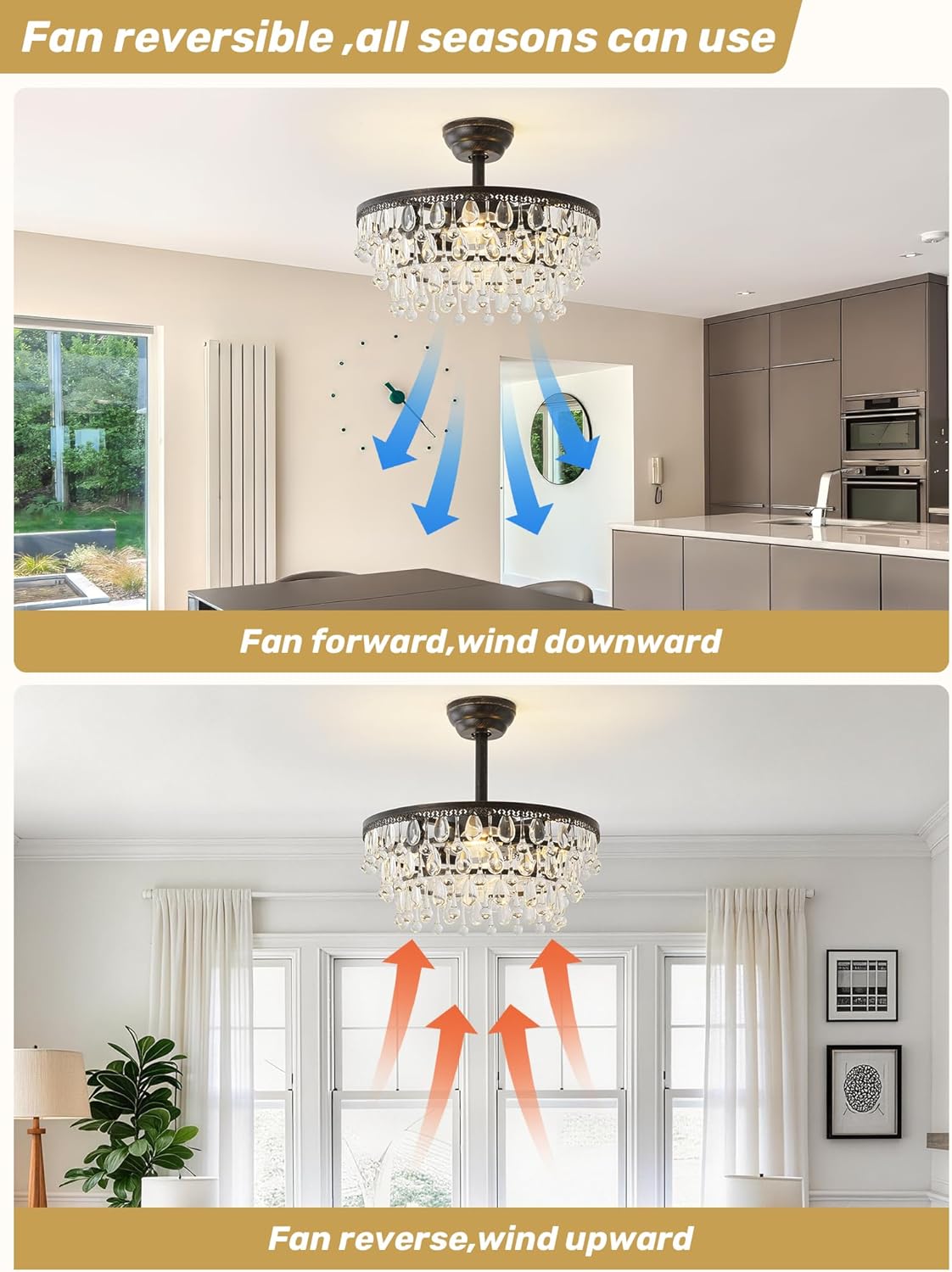 Crystal Fandelier Ceiling Fan with Light, 20" Black Crystal Chandelier Ceiling Fans with Lights and Remote with 6 Speeds for Bedroom, Living Room, Nursery