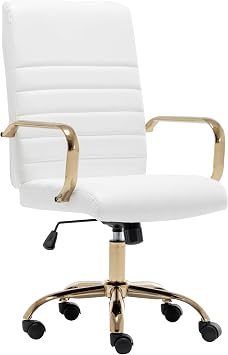 BTEXPERT White Ergonomic Faux Leather Adjustable Home Office Arm Chair Golden Finish 5162