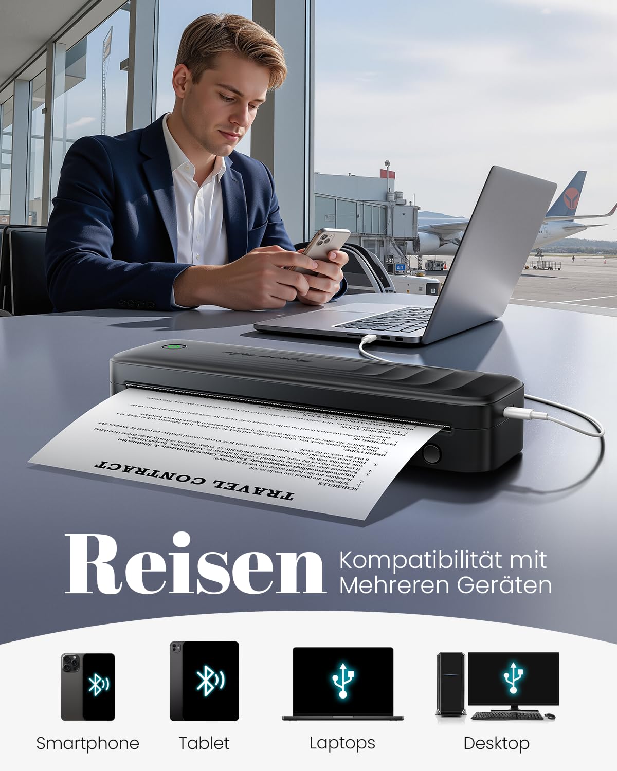 TATTMUSE Thermodrucker A4, Mobiler Drucker A4 für Unterwegs, Bluetooth Tragbarer Drucker für Fahrzeuge, Büro, Zuhause, Schule, Kompatibel mit iOS, Android, Laptop