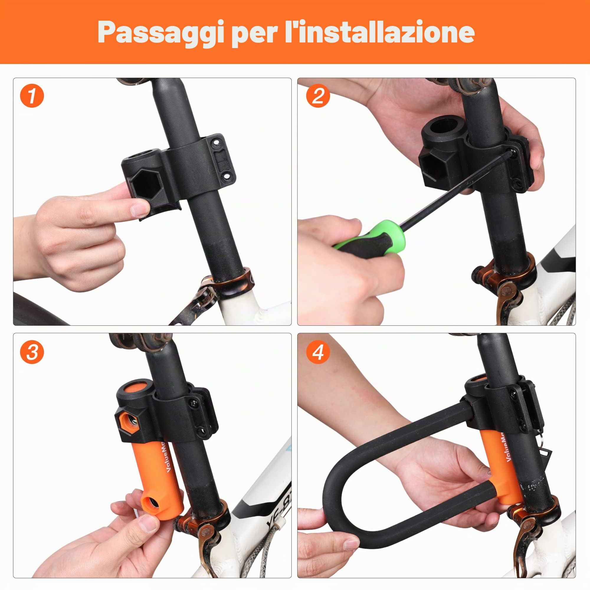 ValueMax Lucchetti a U per Bicicletta 2 in 1, Lucchetto per Bici a U con Cavo Flessibile da 1,8m e Supporto, Lucchetto Bici Antifurto a U per Biciclette, Veicoli Elettrici, Motocicli