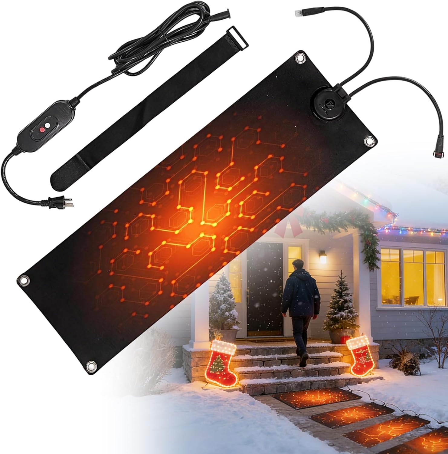 Heated Snow Melting Mats, 10x30 in No-Slip Rubber Outdoor Mat, Ice Melt Pads for Walkways, Decks, Stairs, Doorways, Driveway, Backyards & Roof Valley Ice Dam Prevention (10” x 30")