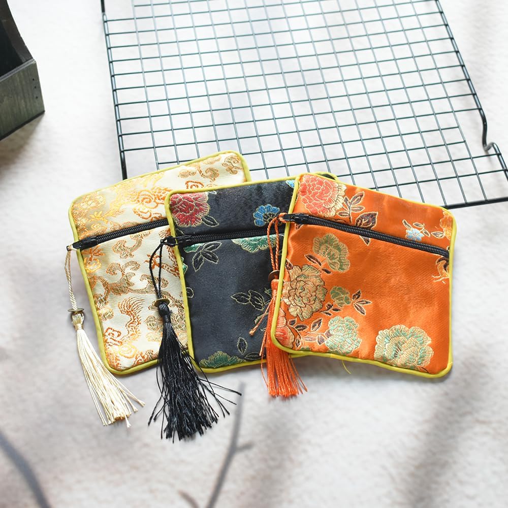 Chinese Brocade Jewelry Pouches, Floral Embroidered Zipper Bags with Tassel, 4.4 Inch, 12 Pcs, 3 Colors
