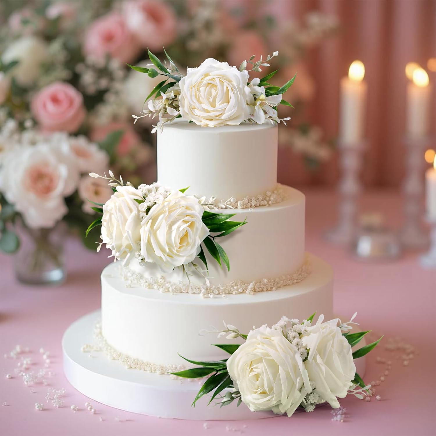 Wedding Cake Flowers 3 Pieces Pre-Made Artificial Large White Roses with Greenery Floral Cake Decoration
