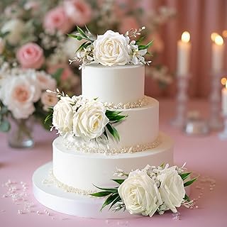 Wedding Cake Flowers 3 Pieces Pre-Made Artificial Large White Roses with...
