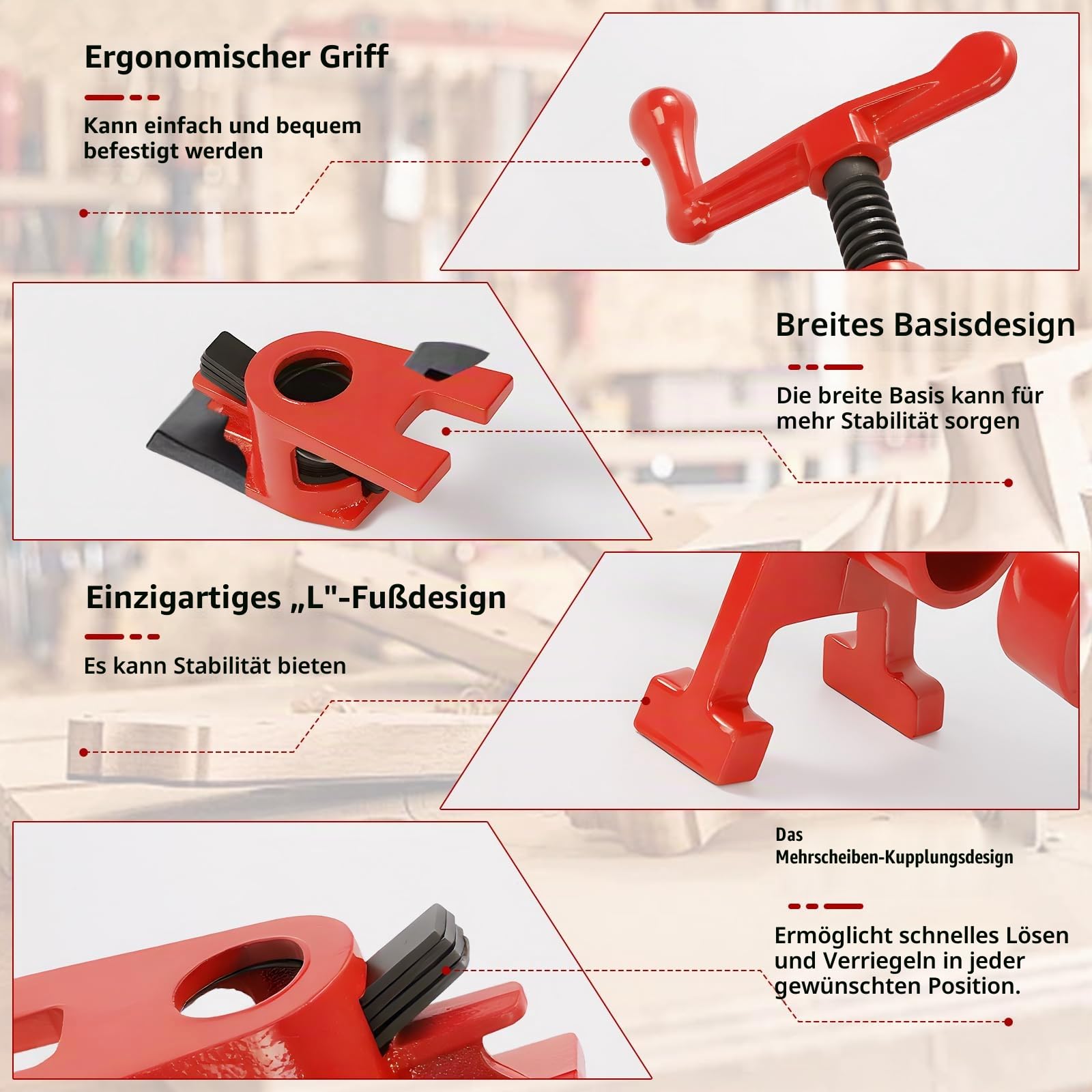 4 Stk Rohrschraubzwinge mit Schutzfunktion, 3/4 Zoll Rohr-Schraubzwingen, Schnellspanner Rohrklemmen, Rohrzwingen für Holzbearbeitung, Holzklemmensatz für Schlauch, Rohr, Kabel